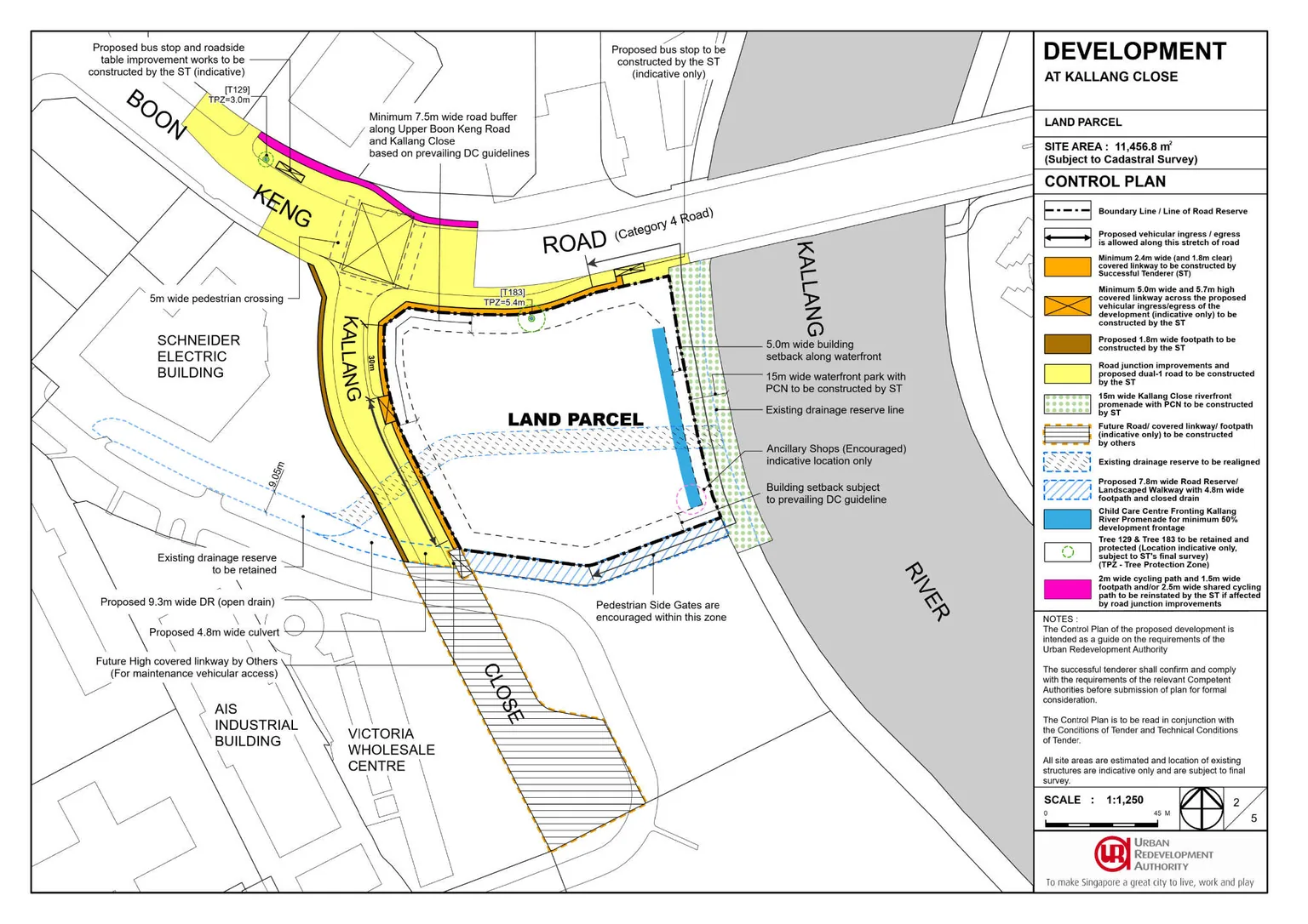 URA control plan for the Kallang Close land parcel showing waterfront park, promenade and setbacks
